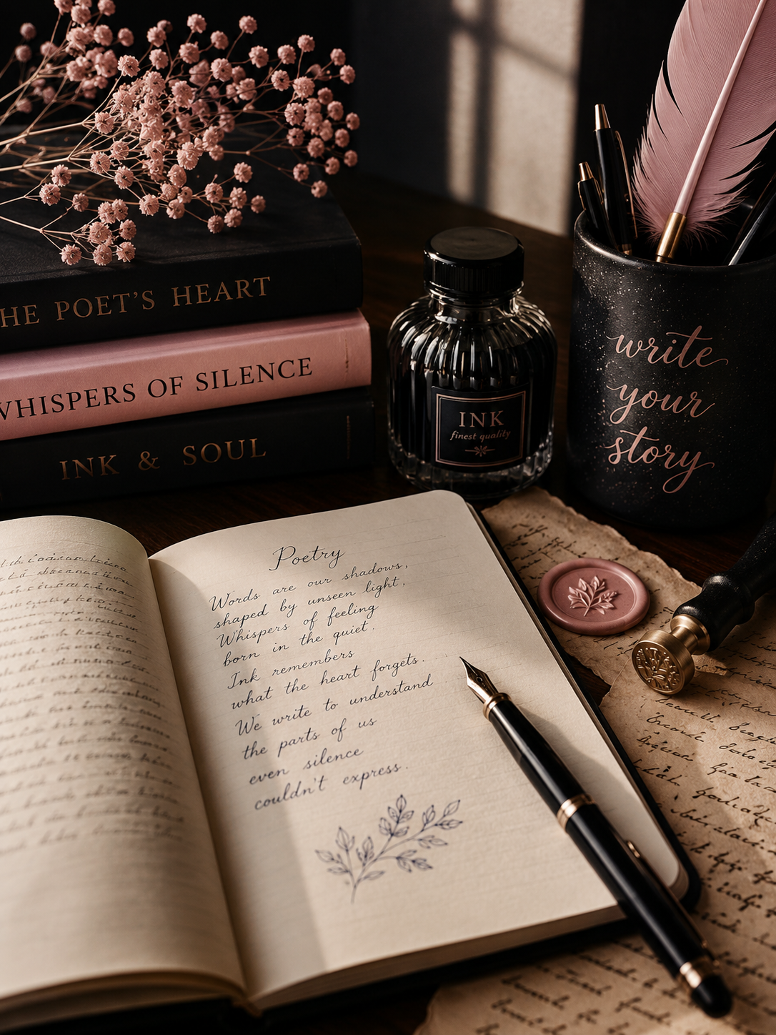 creative writing and poetry workspace with journal, fountain pen, ink bottle, and books – scribblessence global writing community.